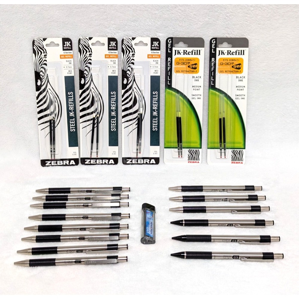 Zebra Stainless Steel Pen & Pencil Lot F-301 G-301 M-301, 10 Refills Black 0.7mm